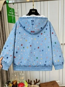 SHEIN Sparklyn 青少年女孩 Y2K 風格仿丹寧連帽衛衣，保暖抓絨，滿版寶石印花拉鍊上衣 - 藍色 - 查看 2