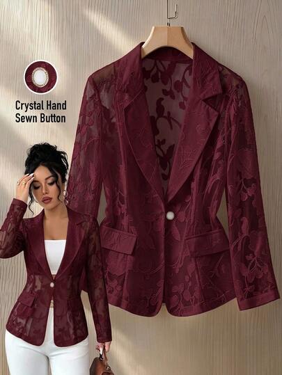 Selianne Women's Burgundy Semi-Sheer Jacquard Textured Fabric Design Elegant Carnival Back To School Season Teacher Wear Independence Day Easter Workplace High-Power Wear Teacher Wear Spring Summer Clothing Autumn Clothing Spring Autumn Thin Blazer Jacket Spring Autumn Season New Essential Fashion Item Niche Design Versatile Style Women's Premium Elegant Thin Blazer Jacket