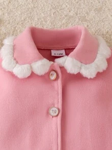 SHEIN Playful Pals 女嬰粉色羊毛大衣，白色毛領與袖口，A字版型時尚外套，適合外出，可愛且時尚 - 粉色 - 查看 7