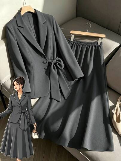 GlowEve CURVE Setelan Jas Wanita Ukuran Besar Warna Abu-abu Gelap Elegan 2 Potong, Blazer Slim Fit dengan Ikat Pinggang dan Celana Panjang Lebar Berpinggang Tinggi Elastis, Pakaian Formal untuk Kantor dan Perjalanan