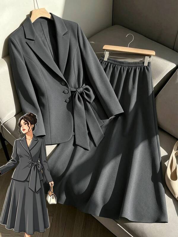 GlowEve CURVE Plus Size Women's Dark Gray Elegant 2-Piece Suit Set, Bow Tie Cinched Waist Slim Fit Blazer + Elastic High Waist Draped Wide Leg Trousers, Office Commute Formal Outfit