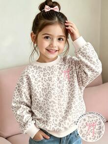 SHEIN Playful Pals 女童時尚高級白色豹紋拼色蝴蝶結圖案基本款圓領運動衫 生日/秋季/仙女公主/萬聖節 - 彩色 - 查看 3