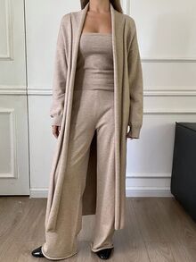 Livesso Tall Bộ đồ len nữ màu trơn gồm áo hai dây, áo choàng và quần dài cho mùa thu đông - Màu Khaki - Xem 5