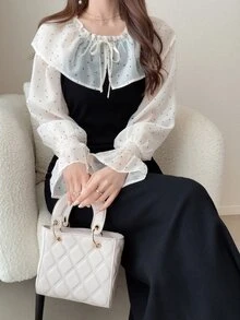 FRIFUL Gaun Elegan Wanita Motif Polkadot Patchwork dengan Ruffle dan Tali di Bagian Depan - Hitam dan Putih - View 7