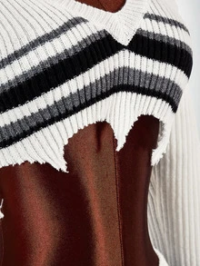 Amplova Black White Gray Striped Long Sleeve Distressed Fitted Bodycon Mini Knit 2 Pieces Set - Black and White - View 7