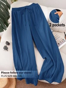CosyJoli Plus Size Casual Versatile Solid Color Pants - Blue - View 1