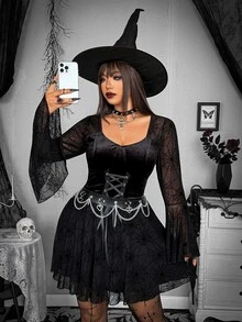 Whyspr Plus Size Dark Gothic Vintage Velvet Black Mesh Patchwork Bell Sleeve Cinched Cinched Waist Dress Fall - Black - View 3