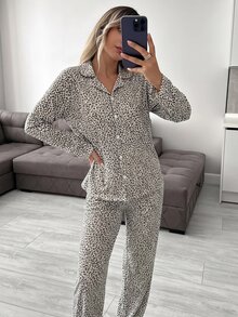 SHEIN Brown Leopard Print Button Front Long Sleeve Lapel Collar Shirt & Pants Pajama Set - Brown - View 8