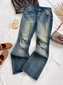 Soleia Women's Beaded Design Pocket Distressed Casual Flare Jeans - Multicolor - View 2