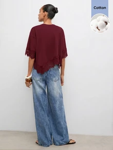 Maija 女款休閒百搭日常穿搭T恤，外出穿搭，女性工作穿搭，秋季服飾 - 酒紅色 - 查看 7