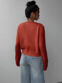 SHEIN BASICS 女款休閒純色圓領長袖寬鬆短版黑色針織開襟外套 冬季外套 - 鏽棕色 - 查看 2