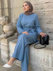 Dazy Plus Solid Color Casual Pullover Top With Tie Detail, Elegant & Versatile Commuter Long Pants, Spring/Autumn New 2-Piece Set - Blue - View 4