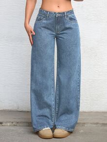 Jeanoix Petite Y2K Women's Outdoor All-Season Commute Fashion Blue Wide Leg Jeans - Light Wash - View 7