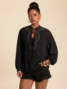Travachic Women's Elegant Heavy Embellished Daily Commute Versatile Rhinestone Chiffon Semi-Sheer Long Sleeve Loose Blouse - Black - View 4