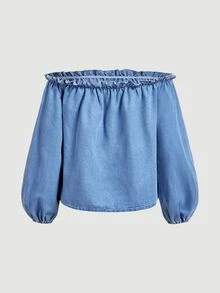 Everyssa New French Style Off-Shoulder Petal Sleeve Denim Top - Blue - View 4
