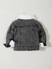 SHEIN 男童舒適休閒保暖內裡牛仔外套，百搭無彈力外衣，適合度假、秋冬穿著 - 黑色 - 查看 2