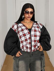 Maweii Plus Size Women's Casual Streetwear Western Loose Hooded Fall Sporty Plaid Patchwork Slouchy Vintage Sweatshirt Jacket Going Out Homewear Office White - Multicolor - View 2