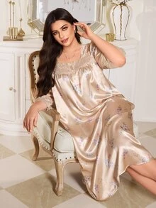 MuseNap CURVE Collar Button Lace Trim Patchwork Elegant Floral Print Faux Silk Plus Size Nightgown - Multicolor - View 3