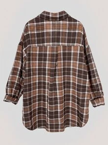 SHEIN Essnce 大尺碼女款格紋落肩單排扣休閒寬鬆襯衫 - 棕色 - 查看 11
