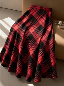 SHEIN Clasi 大尺碼極簡優雅羊毛格紋大擺裙，附側邊口袋 - 彩色 - 查看 4