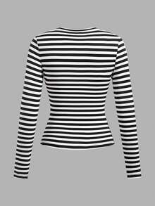 Comfortcana Plus Size Women 3pcs Set Round Neck Striped & Solid Color Casual Fitted Long Sleeve T-Shirt Fall - Multicolor - View 5