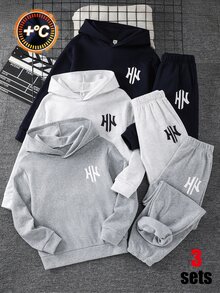 SHEIN 6件組青少年男孩白色秋季圖案街頭風返校2件式連帽衫與長褲套裝 - 彩色 - 查看 1