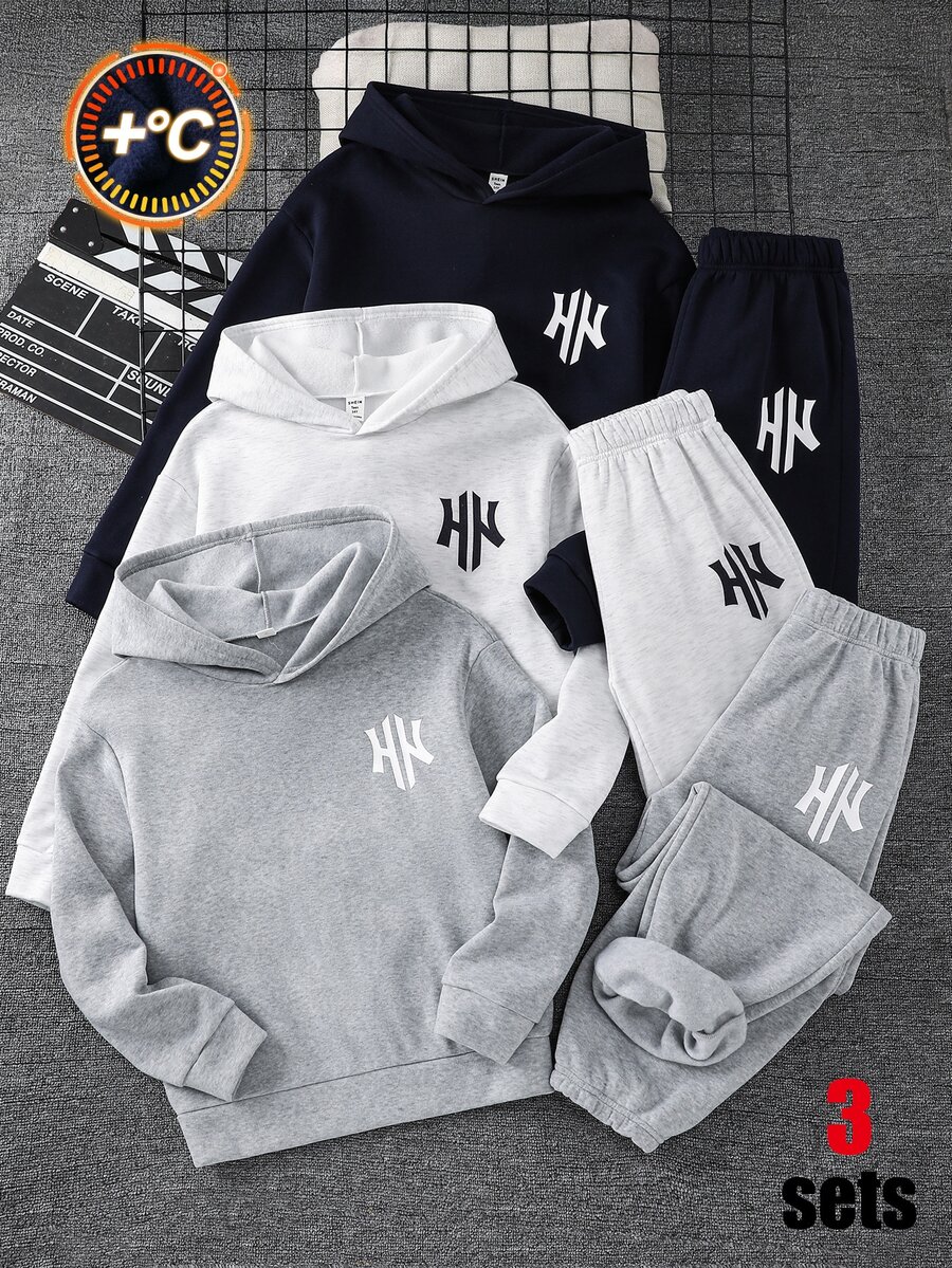 SHEIN 6件組青少年男孩白色秋季圖案街頭風返校2件式連帽衫與長褲套裝 - 彩色 - 查看 1