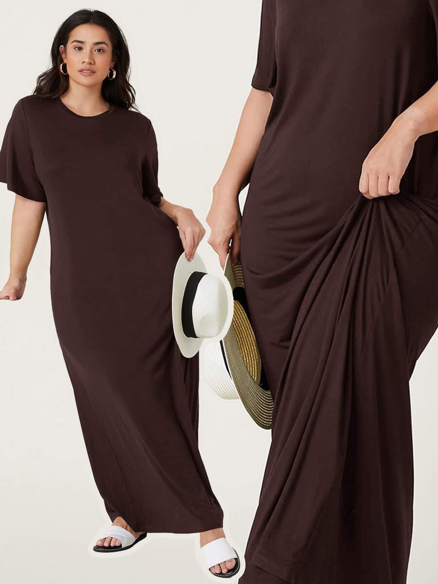 SHEIN BASICS 大尺碼純色女款T恤洋裝 夏季穿搭 優雅休閒風 寬鬆傳統版型 婚禮賓客度假穿搭 棕色 - 棕色 - 查看 1