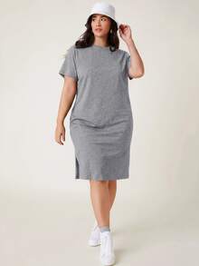 SHEIN BASICS 大碼開衩下擺純色休閒傳統西式晚餐正式居家度假約會連身裙 夏季灰色女裝套裝 優雅 - 灰色 - 查看 5
