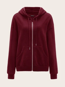 SHEIN BASICS 舒適抓絨落肩拉鍊連帽衛衣，秋冬長袖上衣 - 酒紅色 - 查看 2