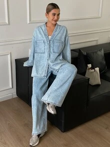 Livesso 女款長袖上衣與長褲休閒街頭風日常牛仔套裝，秋季淺藍色，適合白天外出穿著 - 淺色水洗藍 - 查看 6