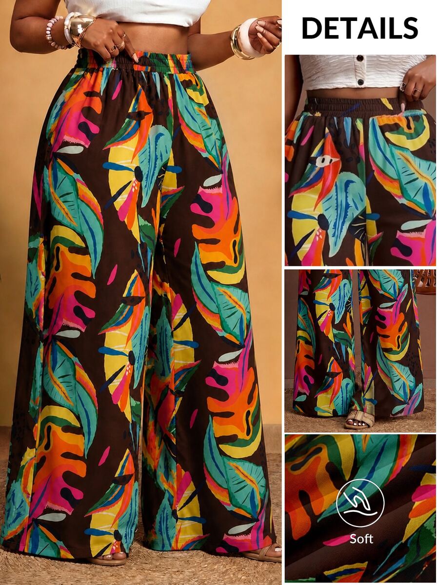 Veslaya Plus Size Tropical Plant Print Loose Wide Leg Pants Fall - Multicolor - View 1