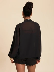 Travachic Women's Elegant Heavy Embellished Daily Commute Versatile Rhinestone Chiffon Semi-Sheer Long Sleeve Loose Blouse - Black - View 3