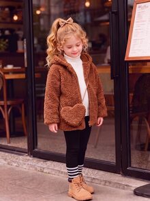 Elladie kids 女童連帽拉鍊泰迪絨夾克附愛心斜背包，長袖羊羔絨上衣，甜美秋冬兒童外套，適合日常戶外穿著 - 卡其色 - 查看 1