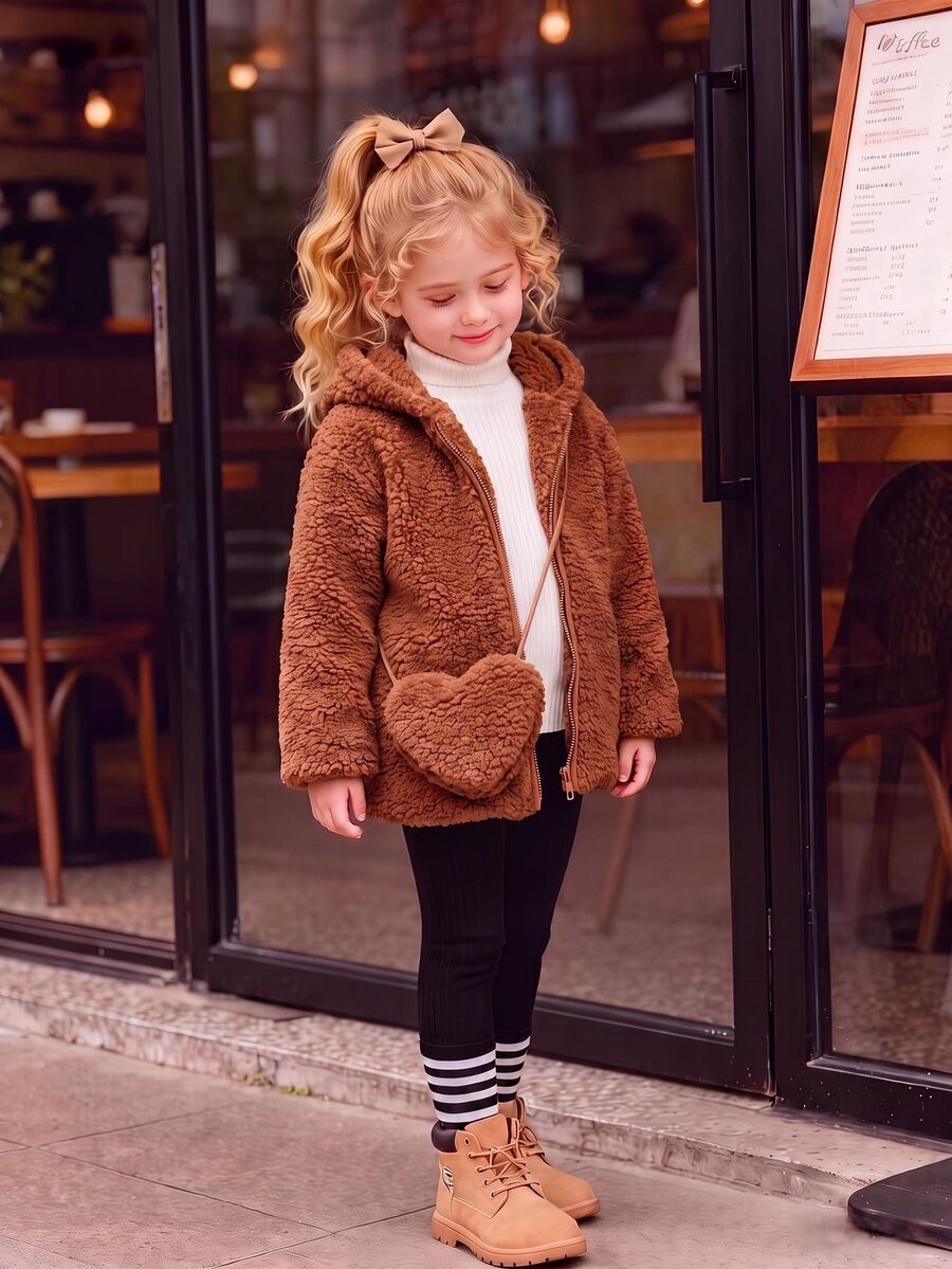 Elladie kids 女童連帽拉鍊泰迪絨夾克附愛心斜背包,長袖羊羔絨上衣,甜美秋冬兒童外套,適合日常戶外穿著 - 卡其色 - 查看 1