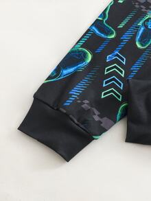 SHEIN 兒童青少年男孩修身款螢光遊戲機印花圓領長袖T恤與長褲套裝，柔軟舒適居家睡衣套裝 2件組 - 黑色 - 查看 5