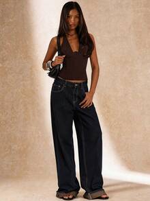SHEIN BAE Women's Solid Color Casual Versatile Daily Wear Halter Neck Top - Coffee Brown - View 3