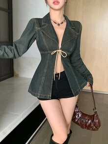 Dazy Tall Women's Waist-Cinching Tie-Front Sexy Casual Denim Top - Medium Wash - View 8