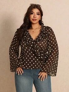 Elaquor Plus Size Women's Polka Dot Pattern Ruffle Collar Long Sleeve Fashion Blouse - Coffee Brown - View 4