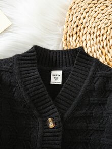 SHEIN Young Boy Solid Color Textured Single-Breasted Long Sleeve Knit Cardigan - Black - View 4