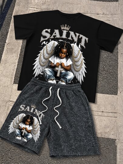 Manfinity Roughcore Men's Angel Graphic T-Shirt & Drawstring Shorts Set, Casual Two-Piece Streetwear Outfit, Fall Clothes, Fall Outfits, New Fall Styles