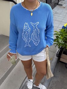 Muchica 新款秋冬大尺碼女款海軍藍拼色圓領魚紋休閒時尚日常度假正式長袖針織衫 - 藍色 - 查看 6