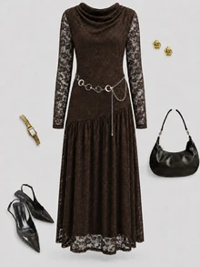 Selenza Women's Autumn/Winter Coffee Color Deep V-Neck Lace Long Sleeve Simple Elegant Dress - Brown - View 2