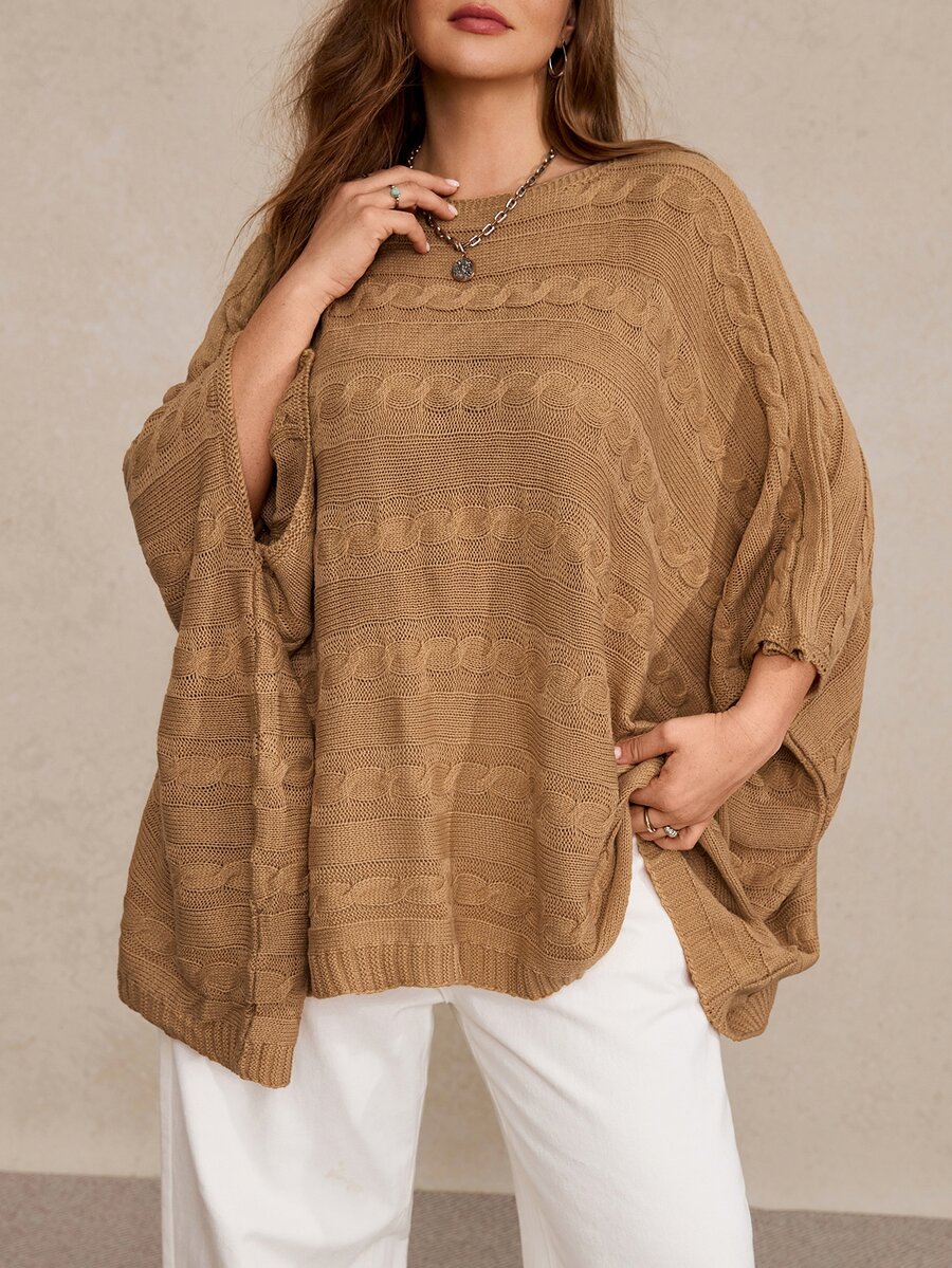 Freevana Plus Size Casual Soft Form 70's Solid Color Batwing Sleeve Sweater, Autumn/Winter Formal Party Office Brown - Apricot - View 1