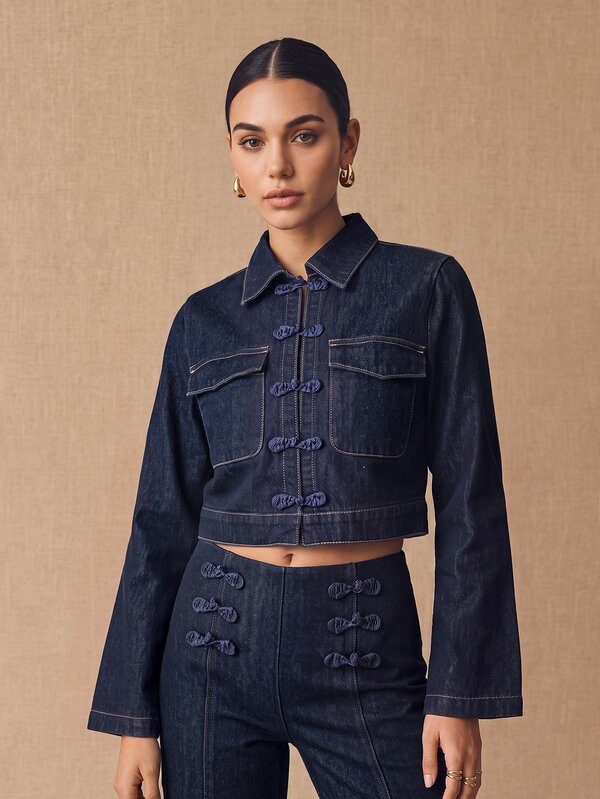 CielaLinda Jachetă din denim pentru femei cu nasturi tip broască, palton din jeans cu închidere cu nod chinezesc, vestimentară exterioară din denim inspirată vintage