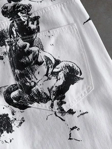 ROMWE MEN American Cool Retro Sketch Statue All-Over Print Wide Leg Denim Jeans Unisex High Street Angel Portrait Print Washed Soft All-Season Versatile Denim Pants - Multicolor - View 5