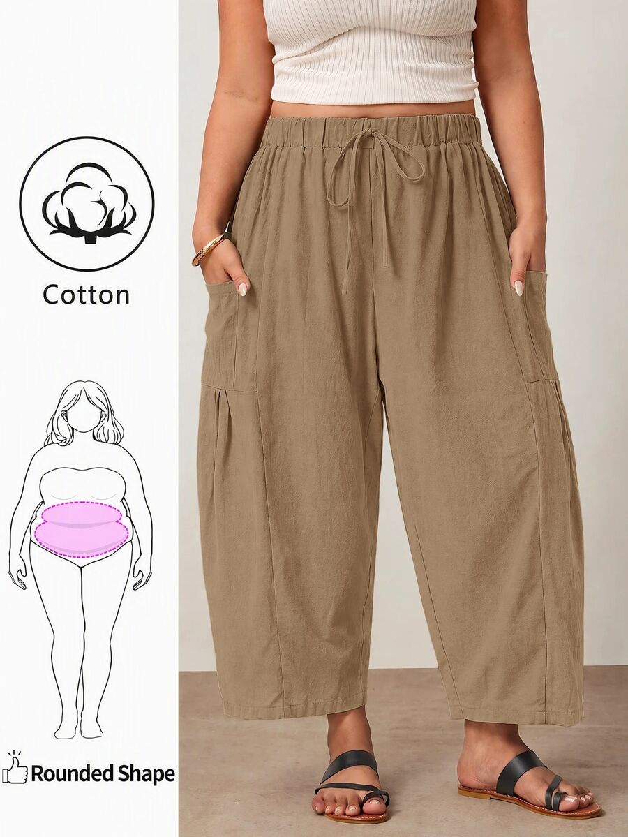 Enliva Plus Size Loose Fit Drawstring Casual Cropped Pants - Khaki - View 1