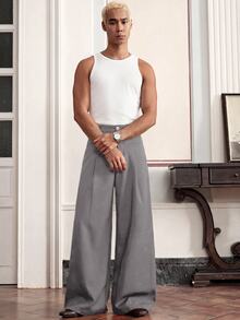 SWAVVY Men's Solid Color Pleated Wide Leg Loose Casual Versatile Long Pants - Grey - View 2
