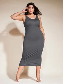 SHEIN BASICS 大尺碼純色緊身夏季女裝洋裝，優雅女款夏季穿搭洋裝 - 深灰色 - 查看 2