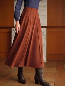MOTF PREMIUM WOMEN'S SOLID COLOR SUEDE LONG SKIRT WITH BELT - Brown - View 4